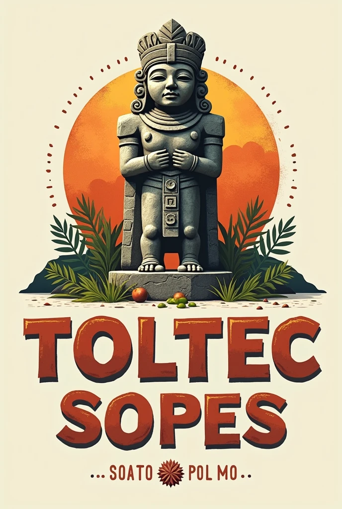 Create a logo for a company that sells sopes and with a statue of the Toltec culture