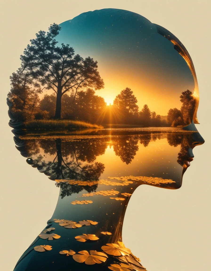 Minimalist composition，Golden Pond in the evening，Mirror reflection of trees and water，Surrealism，clean background，Cinema4D Rendering Style，Minimalist composition，Golden Pond in the evening，Mirror reflection of trees and water，Surrealism，clean background，Cinema4D Rendering Style，photo with major changes，to mark ，Minimalist sculptural installationфотография с высоким уровнем развития，dream，Minimalist sculptural installation,there are benches nearby