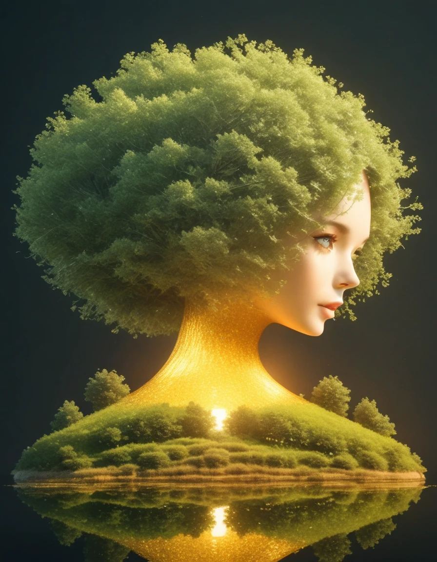 Minimalist composition，Golden Pond in the evening，Mirror reflection of trees and water，Surrealism，clean background，Cinema4D Rendering Style，Minimalist composition，Golden Pond in the evening，Mirror reflection of trees and water，Surrealism，clean background，Cinema4D Rendering Style，photo with major changes，to mark ，Minimalist sculptural installationфотография с высоким уровнем развития，dream，Minimalist sculptural installation,there are benches nearby