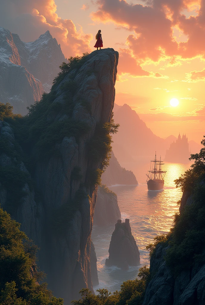 Create a landscape where there is a rock tower (rapunzel style) and rustic , near mountains , an ocean background where a pirate ship is floating , and further in the background a castle near the sunset 