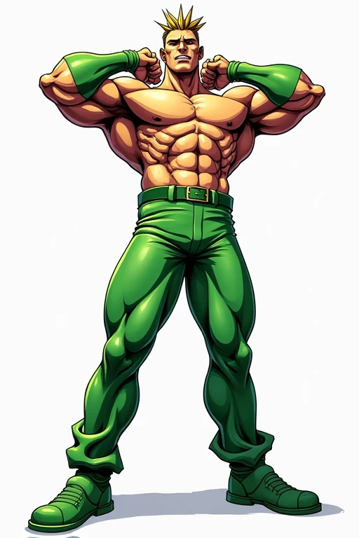 Jojo-style man in green clothing with hands behind head and chest exposed, white background