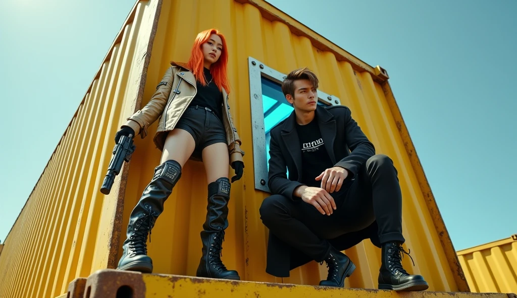 a young woman aged 18, with long vibrant orange hair. She has a confident expression, but innocent, in cyberpunk style, and Asian facial features. a cena é vista de um ângulo muito baixo, with the camera positioned on the ground, below the height of the yellow steel container it is in, emphasizing its imposing presence. The worn yellow steel container shows signs of age and use, with chipped paint revealing the raw metal beneath. a mulher está em uma pose que forma o formato de um "a"; with legs open and body slightly leaning forward, emphasizing your posture and power. She is wearing a short light brown leather jacket and a black shirt with the words "aRP", knee-high boots and very tight jeans, digital indicators, everything shining with a futuristic light. a jaqueta é elegante, but visually complex, saturated with high-tech details that give it a very advanced and cybernetic look. She also wears cyberpunk style boots and gloves that match her outfit.. ao lado dela está um rapaz jovem com características faciais típicas do norte da Europa. He has brown hair and a serious appearance.. This guy is wearing a black trench coat with high-top tactical boots., crouched with arms resting on knees. She is also on top of the yellow steel container, with matching boots and gloves. ambos estão voltados para a frente, looking directly at the camera. Their feet are clearly visible in the photo.. ambos fazem parte de um cenário futurista, and part of the sky is visible in the photo, adding depth and a sense of openness to the scene. In the woman's right hand, she holds a cyberpunk style gun, a sleek, futuristic firearm with shiny details. a primeira mulher sorri inocente, there is an interdimensional portal with blue borders behind them, the two are side by side on top of a metal container in an abandoned port,