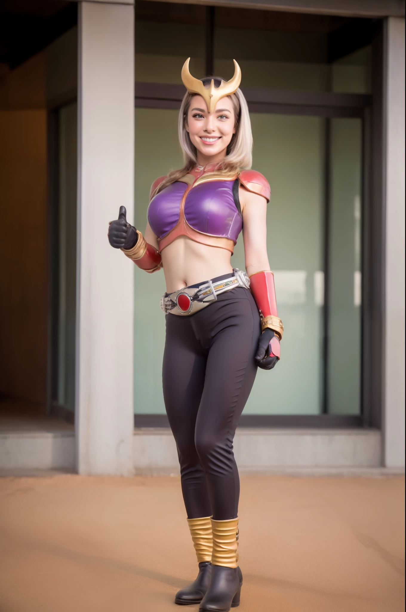 (The CG is very detailed.), (best quality), perfect face, Shiny skin, Shiny skin,wide hips,   1 girl,alone , Eukinetics,light purple hair,very long hair,low Twintail,Ahoge, purple eyes, Twintail, long hair,Mighty Cougar, ,Yellow horns,red armor, rider belt, glove, Diaphragm,navel,gold,,armor,belt,gag,bare shoulders, Thumbs up, smile,full body,