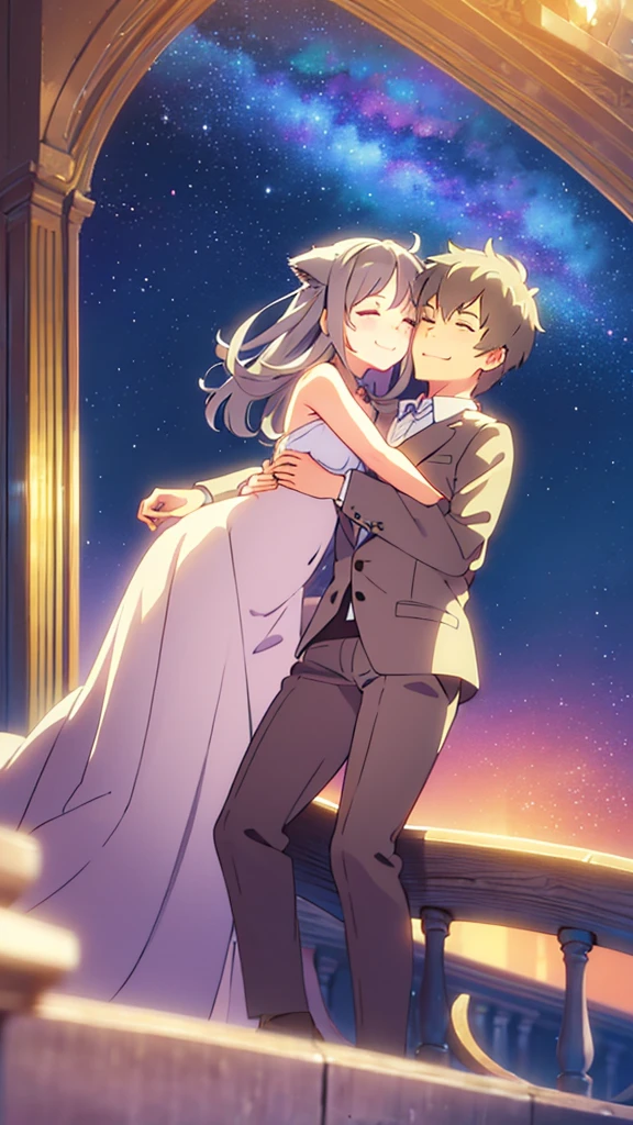 Cat ear、cute、beautiful、Gray Hair、Young couple、Top quality、masterpiece、Highest quality、smile、bright、Magnificent starry sky background、Hugging each other、Landscape painting、