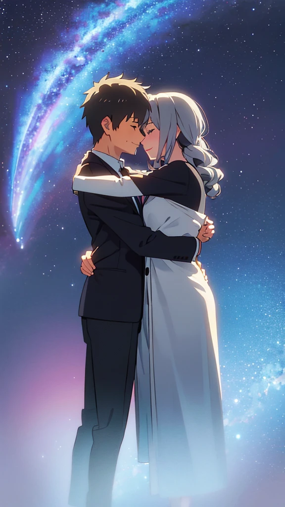 Cat ear、cute、beautiful、Gray Hair、Young couple、Top quality、masterpiece、Highest quality、smile、bright、Magnificent starry sky background、Hugging each other、Landscape painting、
