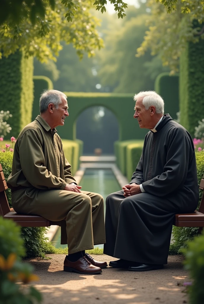 30 year old man sitting in a garden talking to a priest