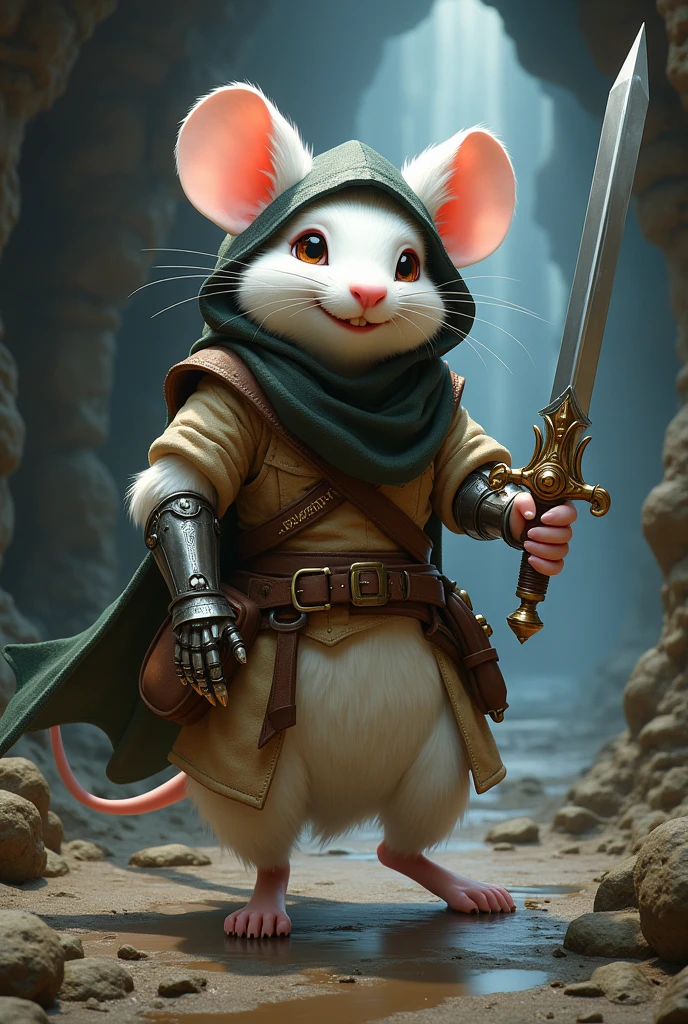Cheerful white slim humanoid mouse, with light leather armor, black dragon scale hunter hat, bardo, set in dungeon and dragon's, with a legendary rapier and who lost his left arm being replaced by a mechanical robotic arm