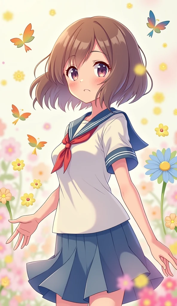 (Artwork), girl in school clothes sexta, exceptional quality, detailed Japanese anime illustration, elegant visuals in soft tones, Pokémon-style drawing, fun, colorful