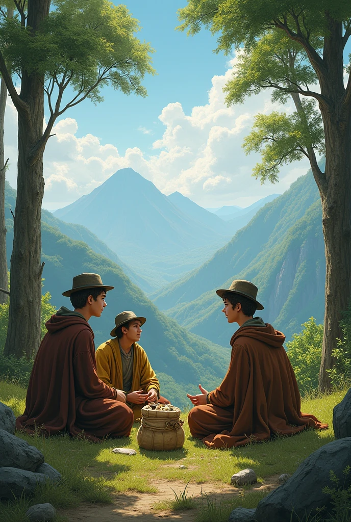 Three young men gasped as they walked through the woods. 
Now all three are sitting on the hill. 
They have a small amount of food in a bag in front of them. 
Everyone is looking at the bag. There were many trees and mountains on both sides. 
They wear long robes and caps on their heads.
