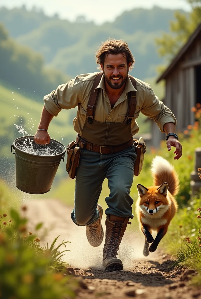 A farmer chasing a fox with a bucket of water