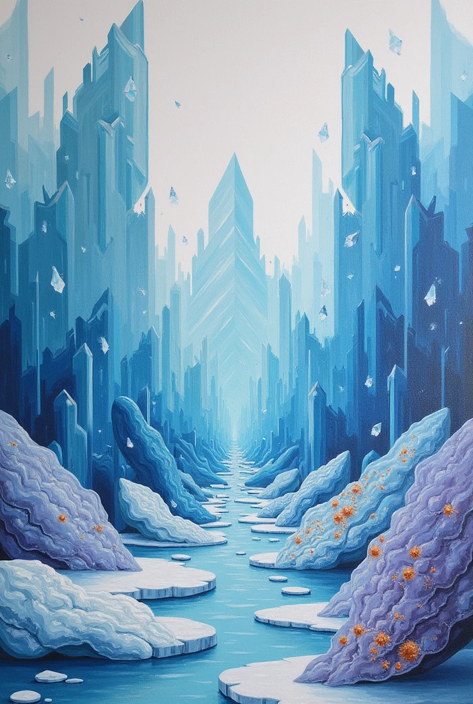 I want a painting like this of ice, the top half glass-colored like crystals, in the middle like cut glass, light blue, and below some lilac Arreola-colored cells with orange and something else like an Antarctic landscape with crystals from the sky to the middle of the oil painting.