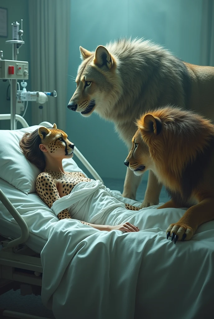 A female cheetah, in a hospital bed, being visited by a werewolf and a female lion