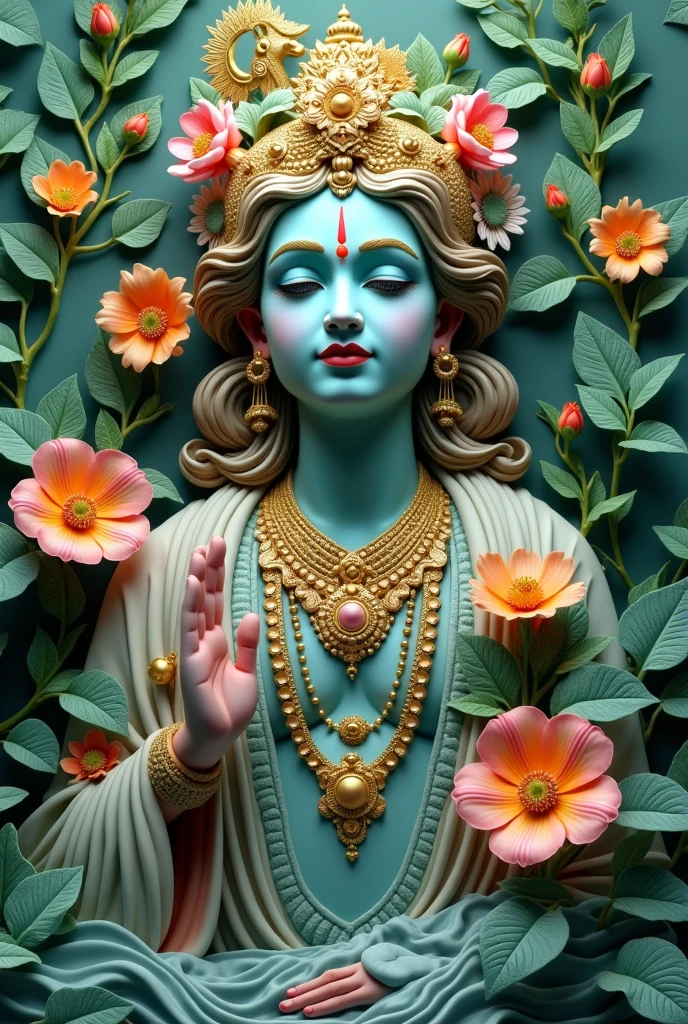 Create a captivating 3D image of Lord Krishna in the south indian style carved in jade , set against a vibrant and dynamic background. Envision a scene where cows are peacefully grazing near a flowing river, with ultra-realistic details and intricate Baroque elements that enhance the divine and majestic presence of Lord Krishna. Pay close attention to the use of vibrant colors, elaborate textures, and dramatic lighting to bring out the richness and depth of the south indian art style. Your goal is to evoke a sense of awe and wonder, capturing the spiritual essence of Lord Krishna within this visually stunning and harmonious composition.