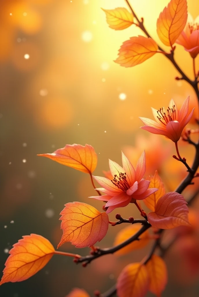 spring background, slightly dark. realism and very beautiful, slightly close up, as for a template with autumn leaves and flowers, and also rain and so that it was in yellow-orange colors and tones with a beautiful background for the template in orange and yellow tones make the background more beautiful and make it look realistic