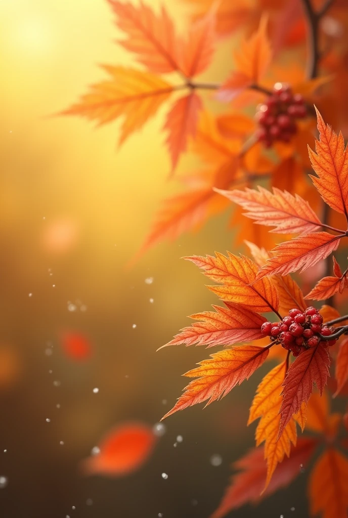 spring background, slightly dark. realism and very beautiful, slightly close up, as for a template with autumn leaves and flowers, and also rain and so that it was in yellow-orange colors and tones with a beautiful background for the template in orange and yellow tones make the background more beautiful and make it look realistic