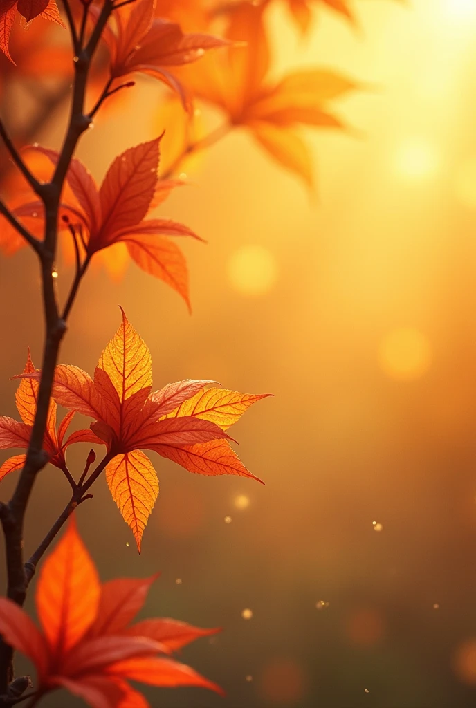 spring background, slightly dark. realism and very beautiful, slightly close up, as for a template with autumn leaves and flowers, and also rain and so that it was in yellow-orange colors and tones with a beautiful background for the template in orange and yellow tones make the background more beautiful and make it look realistic