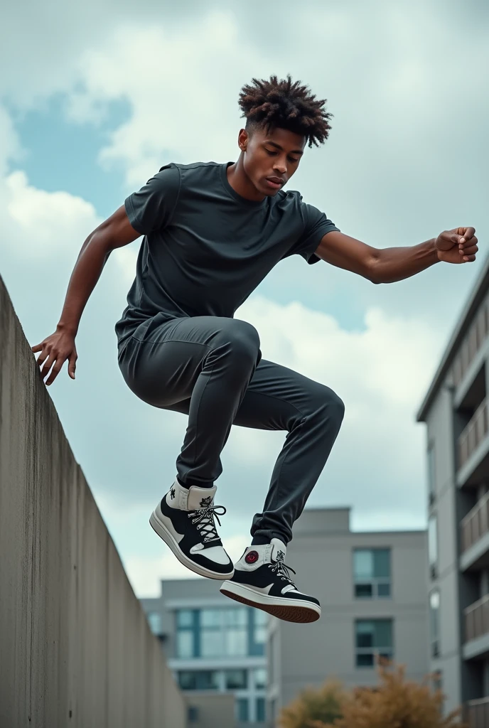 Dynamic, action-oriented photograph showing a young man with medium-dark skin tone and short curly hair. He is captured in the middle of a jump, climbing a wall in an urban setting with modern buildings in the background. He is dressed in a dark grey fitted t-shirt and matching sweatpants.. His footwear is a pair of black and white sneakers with a distinctive star logo on the side.. The image is taken from a side angle, emphasizing his athleticism and the height of his jump. The sky is partly cloudy, adding a sense of depth and contrast to the scene.