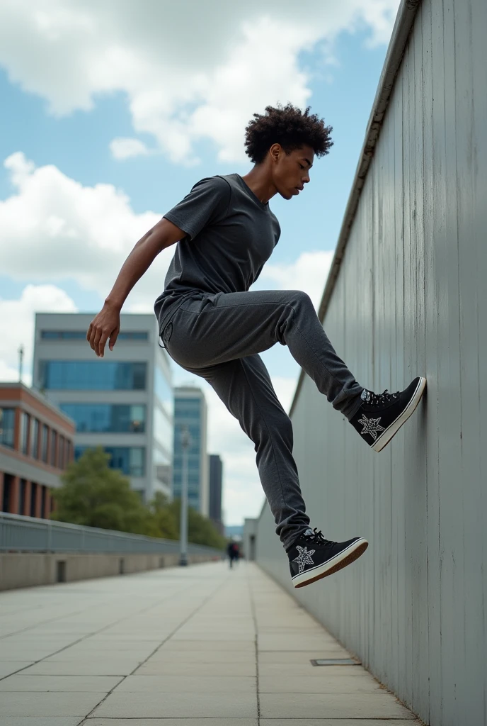 Dynamic, action-oriented photograph showing a young man with medium-dark skin tone and short curly hair. He is captured in the middle of a jump, climbing a wall in an urban setting with modern buildings in the background. He is dressed in a dark grey fitted t-shirt and matching sweatpants.. His footwear is a pair of black and white sneakers with a distinctive star logo on the side.. The image is taken from a side angle, emphasizing his athleticism and the height of his jump. The sky is partly cloudy, adding a sense of depth and contrast to the scene.