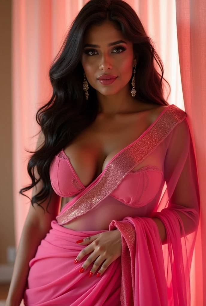 Sydney Sweeney of 34DD BLOUSE SIZE with pink saree ,more clevage 