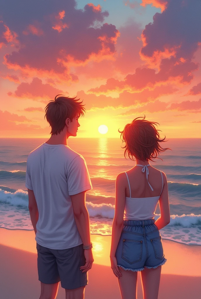 Image of a man and a woman with short hair watching the sunset on the beach, watercolor type