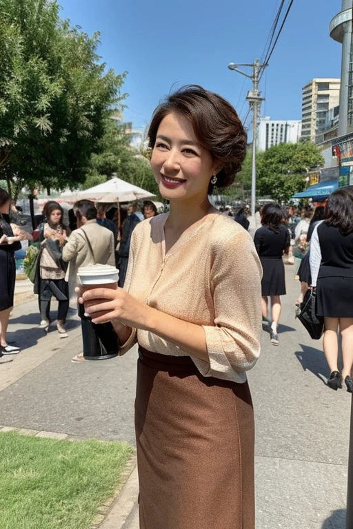 (Highest quality)、(High resolution)、(Ultra-detailed photos)、(Ultra-realistic texture)、(Illuminated subject)(8k images)(Clear Photography)(Real Photo) (A 40-year-old Japanese woman with elegant, well-defined features and a caramel-colored chignon.)(Her outfit is a light-colored top and a neat, chic and elegant skirt or dress.)(Look at everyone with a refreshing and loving smile)(Men are captivated by her charms)(She is outdoors)(She poses elegantly and cutely in various locations.)(Walking through the crowds of the city)(Drinking coffee at a cafe)(Shop)(Sit on the grass in the park)Playing on the swings at the show)(sit in a train seat)(Take a seat on the bus)