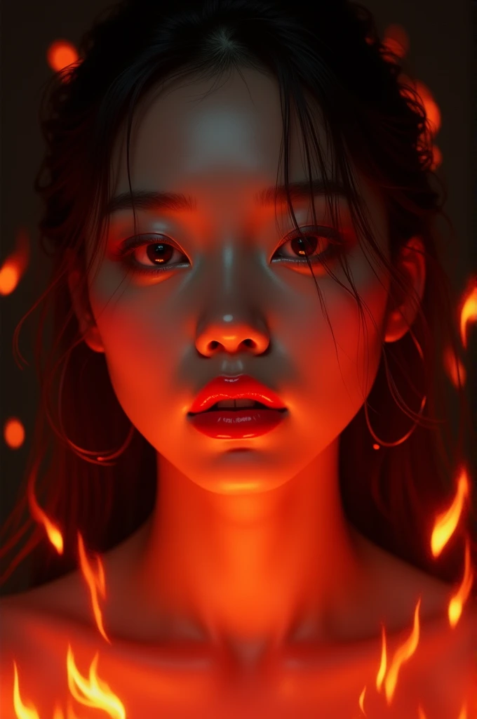 Female kpop idol with phoenix like facial features, soft red lighting, black background.