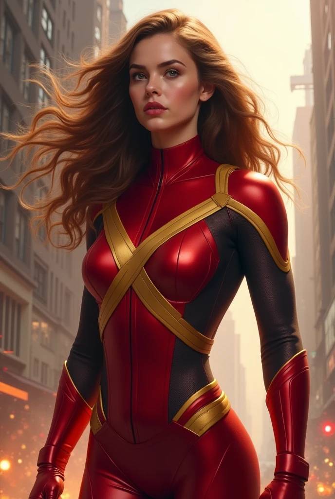 A girl in X-Men red herosuit with X-Men logo on the chest, the girl have brown fluffy layered long hair, brown hair