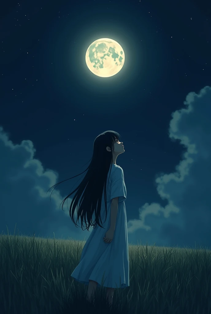 September Midnight,Full moon day,The moonlight gently illuminates the earth, There is not a single cloud in the sky,The grasslands continue as far as the eye can see,In the grassland, there is a girl with black hair wearing a white dress.,Japan Girls,Looking up at the sky,Mouth closed,A teardrop on your cheek