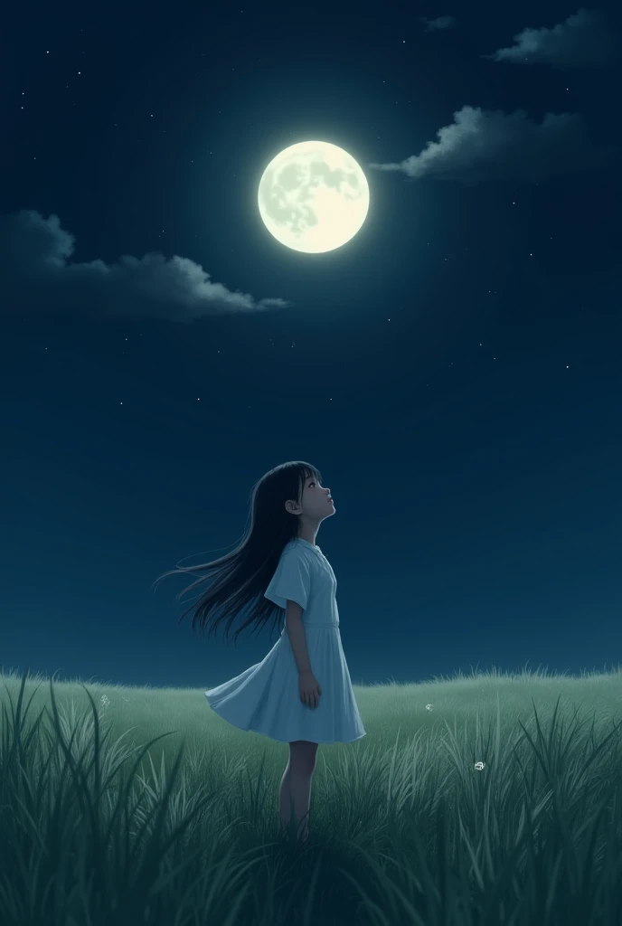 September Midnight,Full moon day,The moonlight gently illuminates the earth, There is not a single cloud in the sky,The grasslands continue as far as the eye can see,In the grassland, there is a girl with black hair wearing a white dress.,Japan Girls,Looking up at the sky,Mouth closed,A teardrop on your cheek