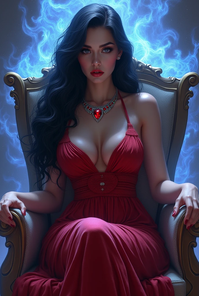 A beautiful milf woman with elegant black long hair and big massive breasts wearing a sexy Red greek dress, very sexy low-cut, sitting on an elegant throne with her beautiful legs crossed, her bright and shiny eyes, her red lips, standing facing the camera and an aura of blue and violet energy around her. with a necklace of rubies and emeralds