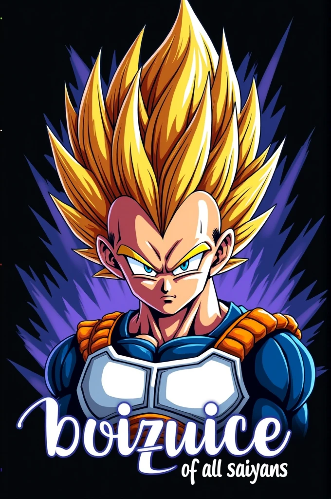 Create a T-shirt design Classic Vegeta Portrait
* Image: A detailed portrait of Vegeta in his Super Saiyan form, with his signature fierce expression.
* Color Scheme: Black background with vibrant blue or purple accents.
* Text: "Prince of All Saiyans" or "Vegeta" in a bold, Saiyan-inspired font.