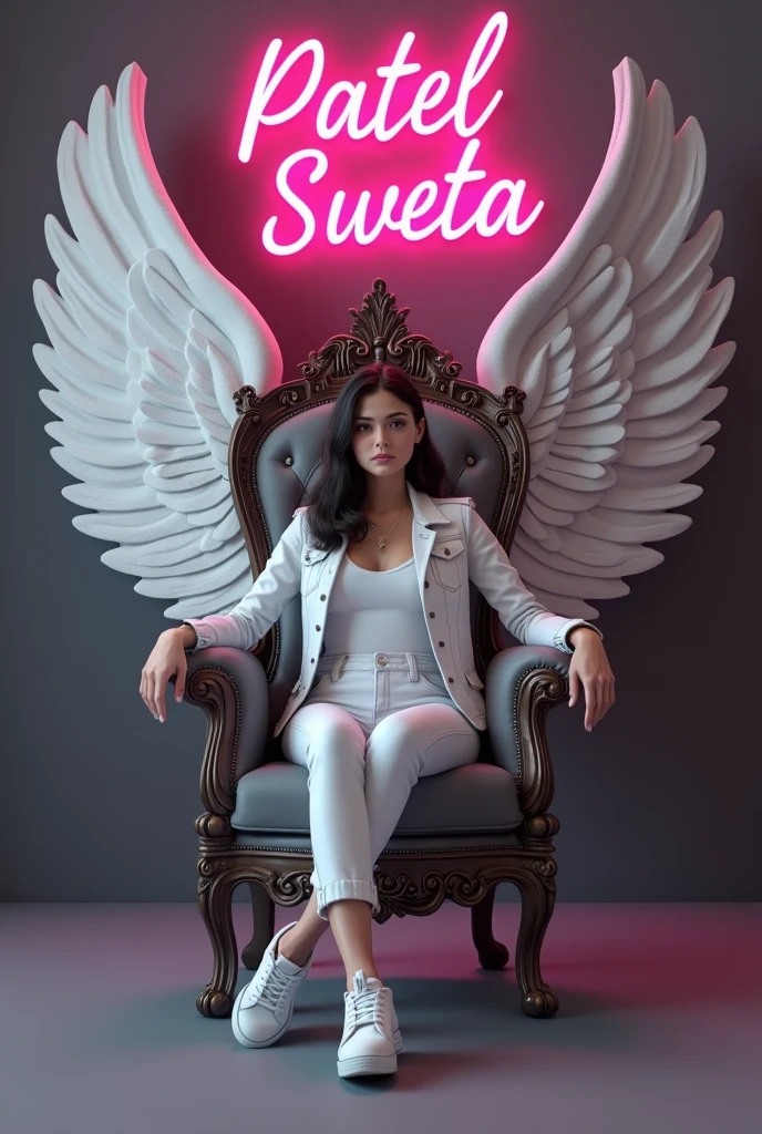 Create a 3D illustration for a profile picture where a smart girl in a white denim sitting casually on a King of Beasts Throne chair. Wearing sneakersm He looks ahead. The Background features “patel sweta ” in big and small letters pink neon light fonts on the dark grey wall. There should not be his shadow, and there are bigs wings to make it appear as