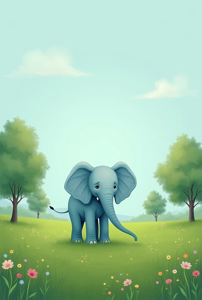 green field with trees, sad light blue elephant, children&#39;s images for book 