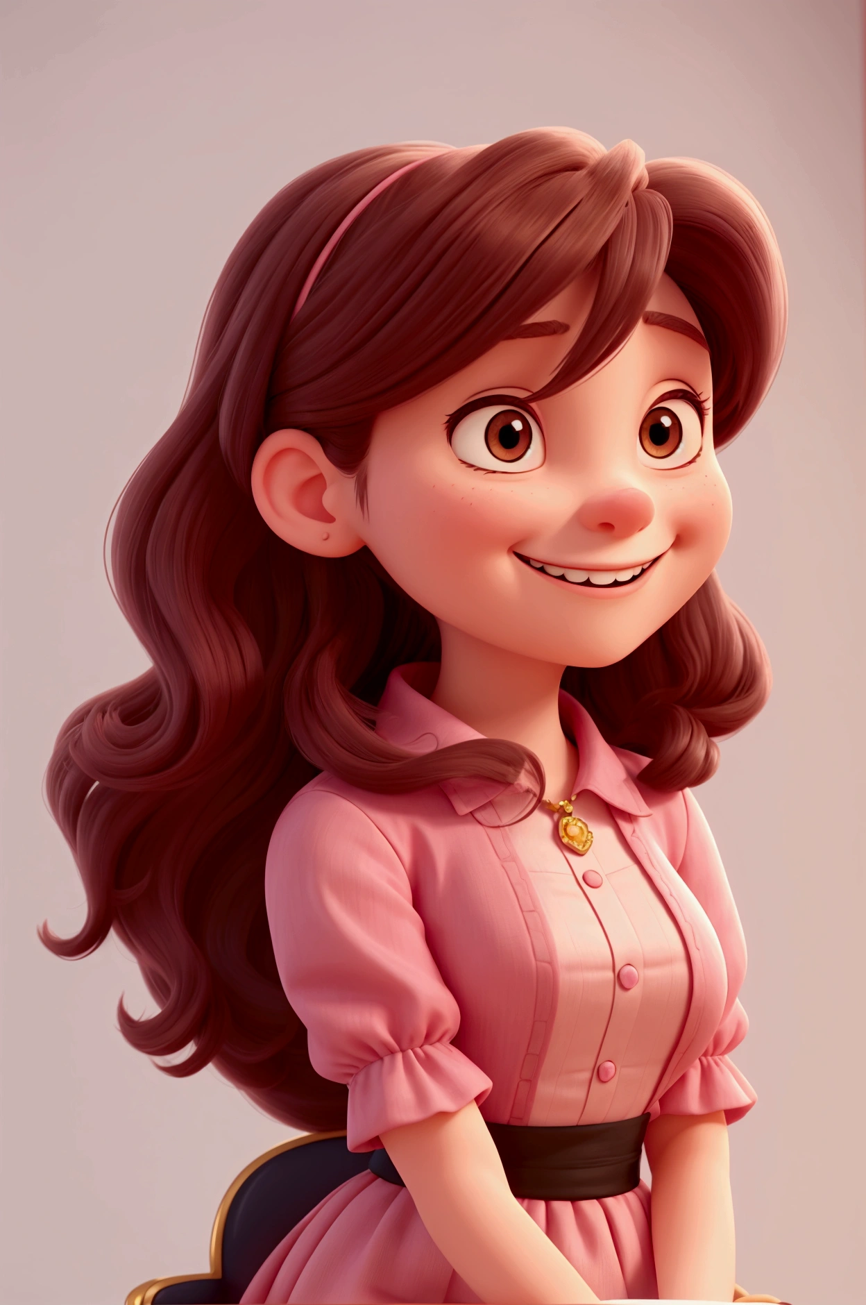 Create an image in the style of classic Disney cartoons. The image must show a young woman, fair skinned and long brown hair, wearing a black prom dress with red accents. She's smiling happily, holding a diploma rolled up inside a black top in one hand. His expression is one of pride and happiness. The scenario should be simple, with a soft background in shades of pink and gray, and she is sitting in an ornate chair with a high back and elegant details. Lighting should be soft and magical, highlighting the joy and emotion of the moment, with bright colors and soft lines characteristic of the Disney style."