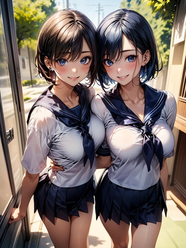 (top-quality), (realistic, photorealistic:1.4), beautiful illustration, (natural side lighting, movie lighting), 
looking at viewer,  (from above:1.1), (sisters.close up, 
2 high school girl, japanese, :1.2)perfect face, cute and symmetrical face, shiny skin, babyface, JK.
(short hair, shaggy cut, blue hair), hair between eyes, Blue eyes, (middle breasts, seductive thighs, BIG ASS), Cleavage
、piercings, BREAK.
beautiful hair, beautiful face, beautiful detailed eyes, beautiful clavicle, beautiful body, beautiful chest, beautiful thigh, beautiful legs, beautiful fingers, (Sisters、Small breasts and big breasts.My sister is tall、My sister is short、)
(sailor uniform、Long pleated skirt:1.2,)
(beautiful scenery), On the way to school in the morning, walking, (Smile、open mouth), 