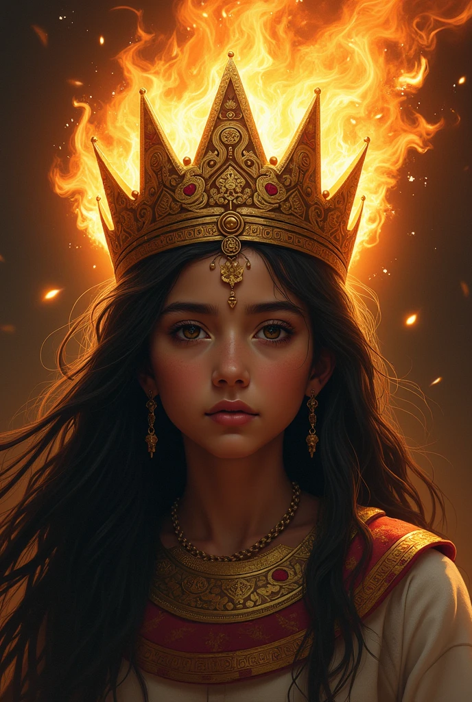 Inca crown of girl with fire behind