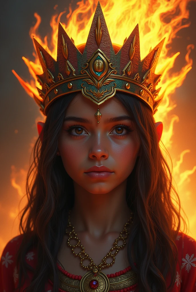 Inca crown of girl with fire behind