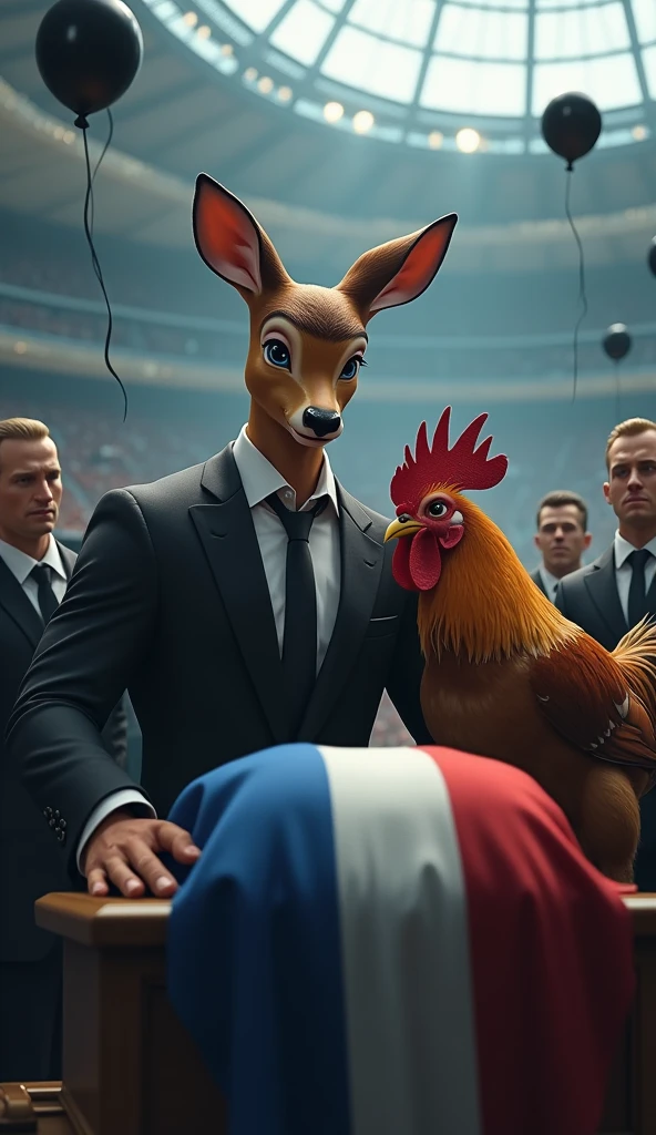 a muscular bambi, swollen chest, wearing a black suit, crying, sad expression, being comforted by a rooster, many muscular men, swollen chest, black suit, inside a soccer stadium, both are sad seeing a coffin with a flag over it highlighted in the colors blue, white, red, black balloons flying in the wind