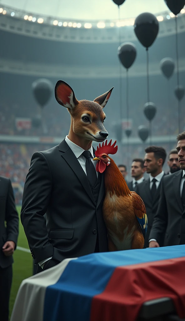 a muscular bambi, swollen chest, wearing a black suit, crying, sad expression, being comforted by a rooster, many muscular men, swollen chest, black suit, inside a soccer stadium, both are sad seeing a coffin with a flag over it highlighted in the colors blue, white, red, black balloons flying in the wind