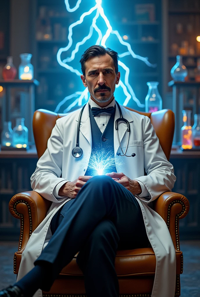  The scientist Tesla sits on a luxurious chair, wearing a white coat and a stethoscope. The doctor revealed physics in his hands. Electricity and behind him are many physics experiments suitable for the cover of a book or magazine, in addition to an electricity effect next to him. The most luxurious new electricity is more luxurious. 