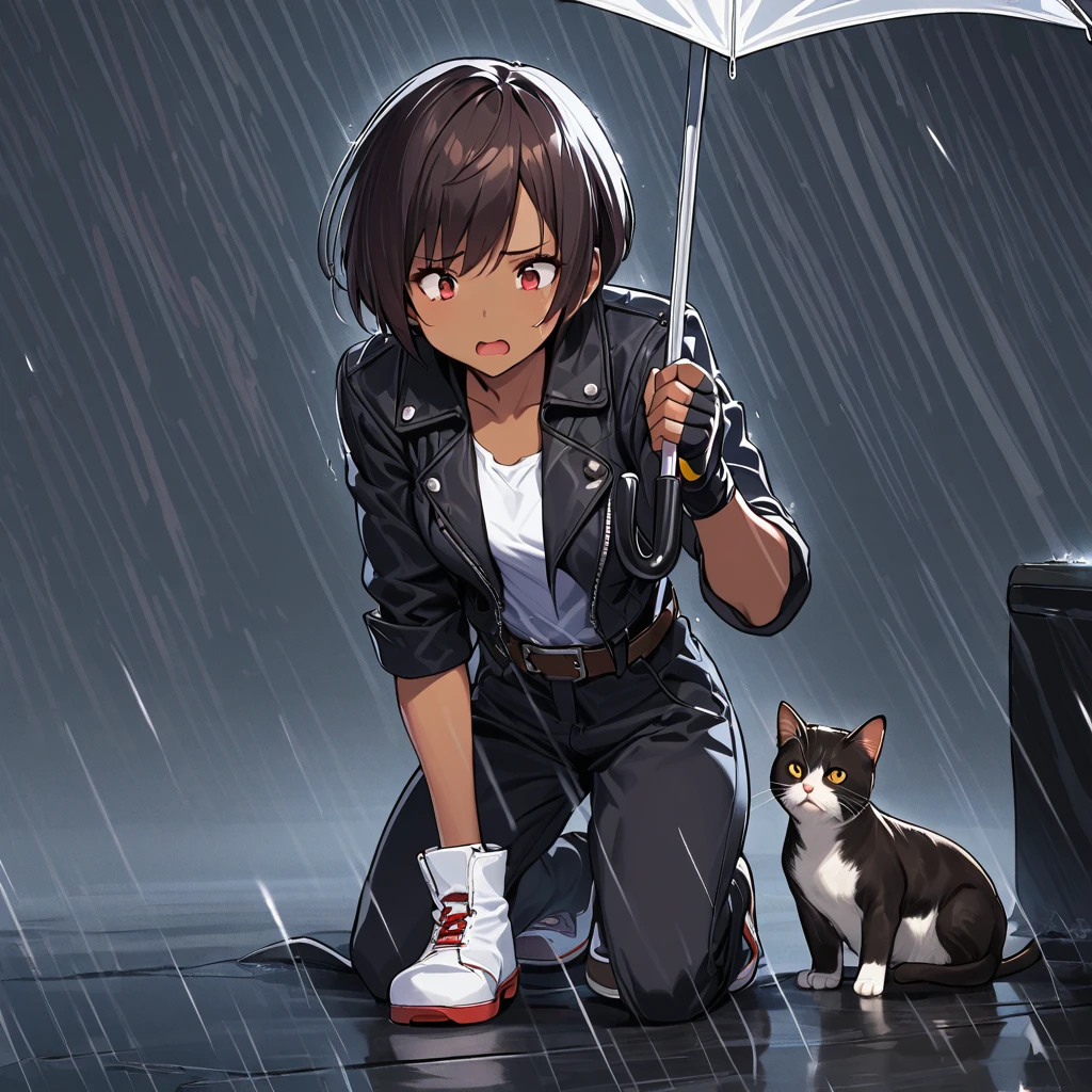 Cute girl and cat. Short cut, dark hair, dark skin, red eyes, ((rolled up black jacket)), fingerless gloves, white T-shirt, (white headband), black pants, white shoes, brown belt, crouching, heavy rain, umbrella, slightly larger chest, high, slanted eyes, open mouth, sad face