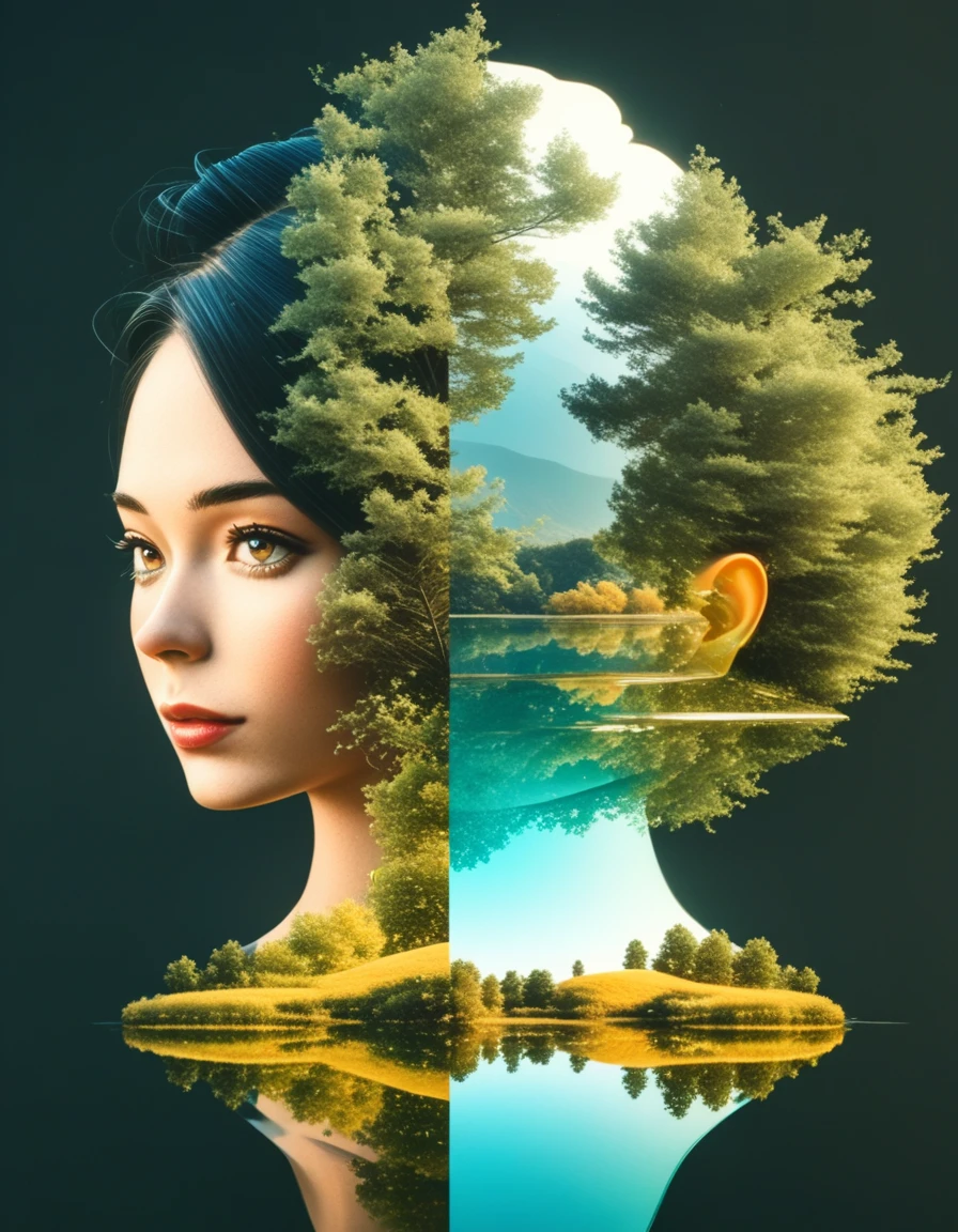 Minimalist composition，Golden Pond in the evening，Mirror reflection of trees and water，Surrealism，clean background，Cinema4D Rendering Style，Minimalist composition，azure pond in the evening，Mirror reflection of trees and water，Surrealism，clean background，Cinema4D Rendering Style，photo with major changes，to mark ， 8 K,,12K,