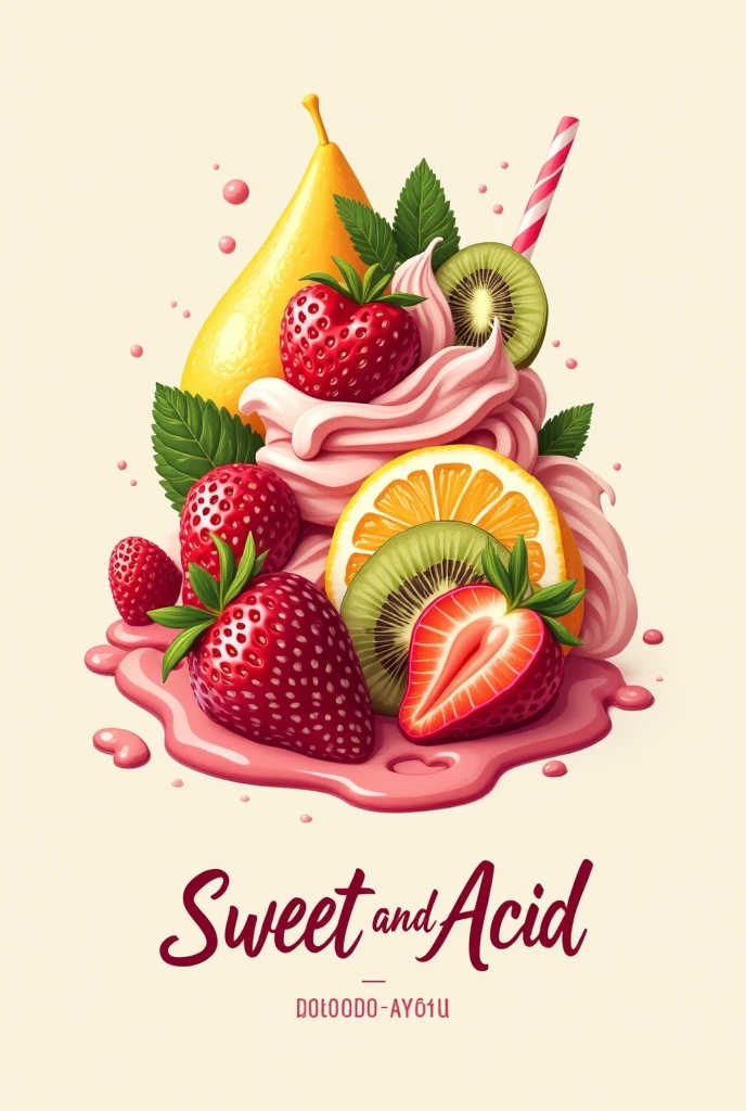 Create a logo with the theme of fruits bathed in sour and sweet creams that says sweet and acid and below it says the names of the creators who are Caicedo and Ayoví 