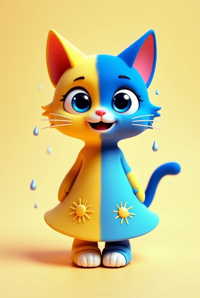 A C4D model, a chibi-style cat with a split color scheme of bright yellow and calming blue fur, inspired by both Joy and Sadness from Inside Out. The cat wears a dual-color dress: one side bright yellow with sunburst patterns, the other side soft blue with raindrop motifs. It has expressive eyes reflecting both Joy and Sadness's traits and wears matching dual-color shoes, blending the personalities seamlessly.