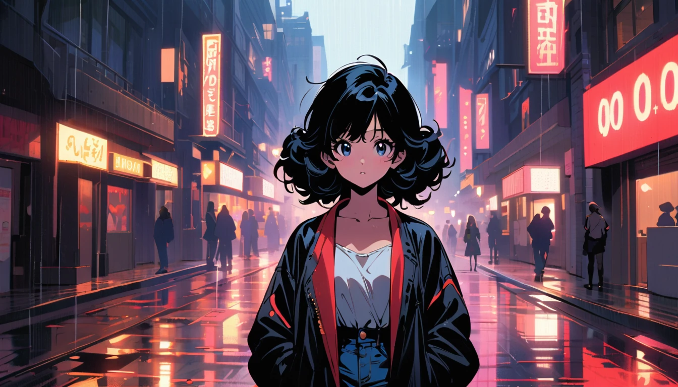 Japanese female singer from the 80s, 1980's Japanese fashion denim style, city-pop cute style, voluminous bob hair style, black hair, bang hair, round white face, pure image, frontal shot, --at 6.0 back groud is rainy,
Further Processing