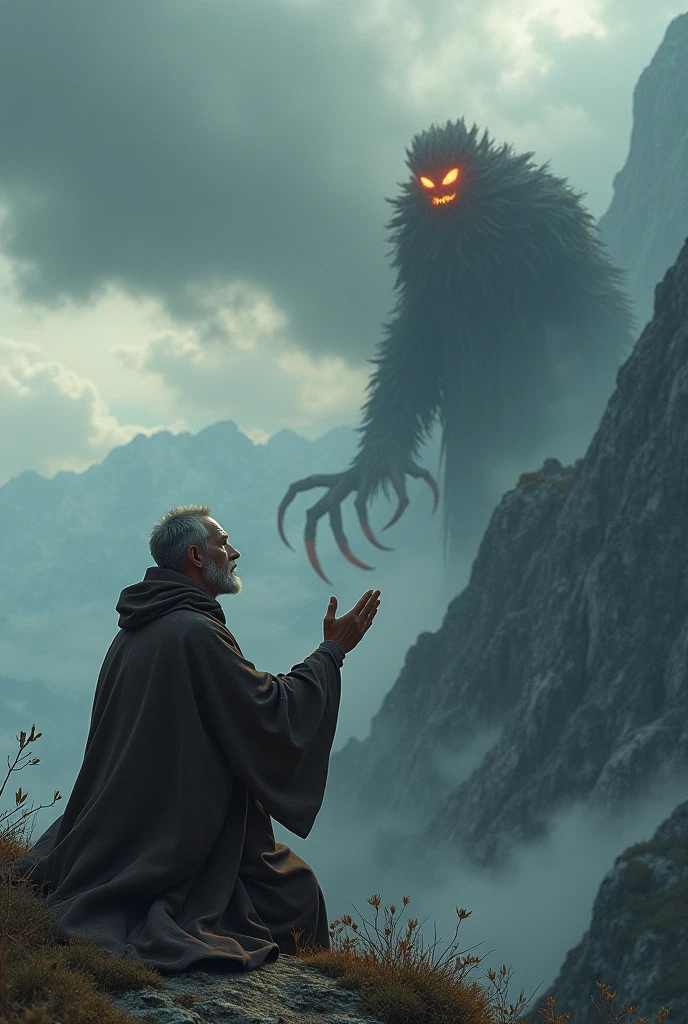 A man praying on the mountain, and is surprised by a demon