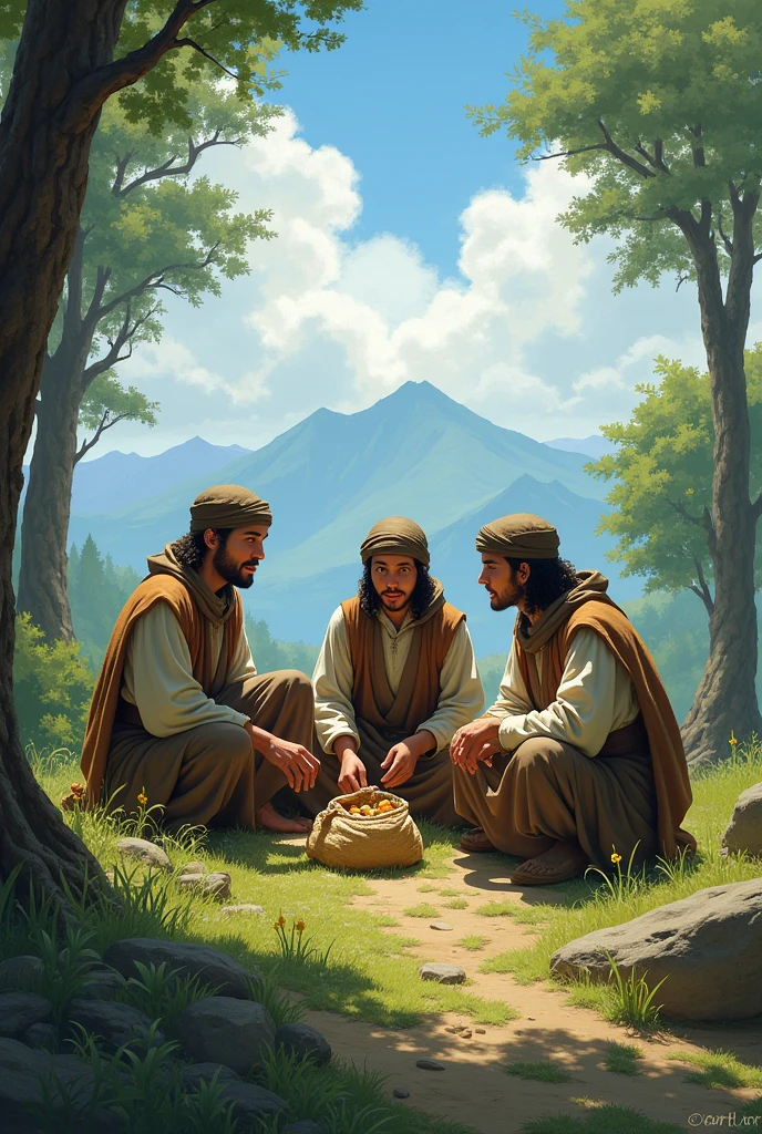 Three young men gasped as they walked through the woods.
Now all three are sitting on the hill.
They have a small amount of food in a bag in front of them.
Everyone is looking at the bag. There were many trees and mountains on both sides.
They wear long robes and caps on their heads.