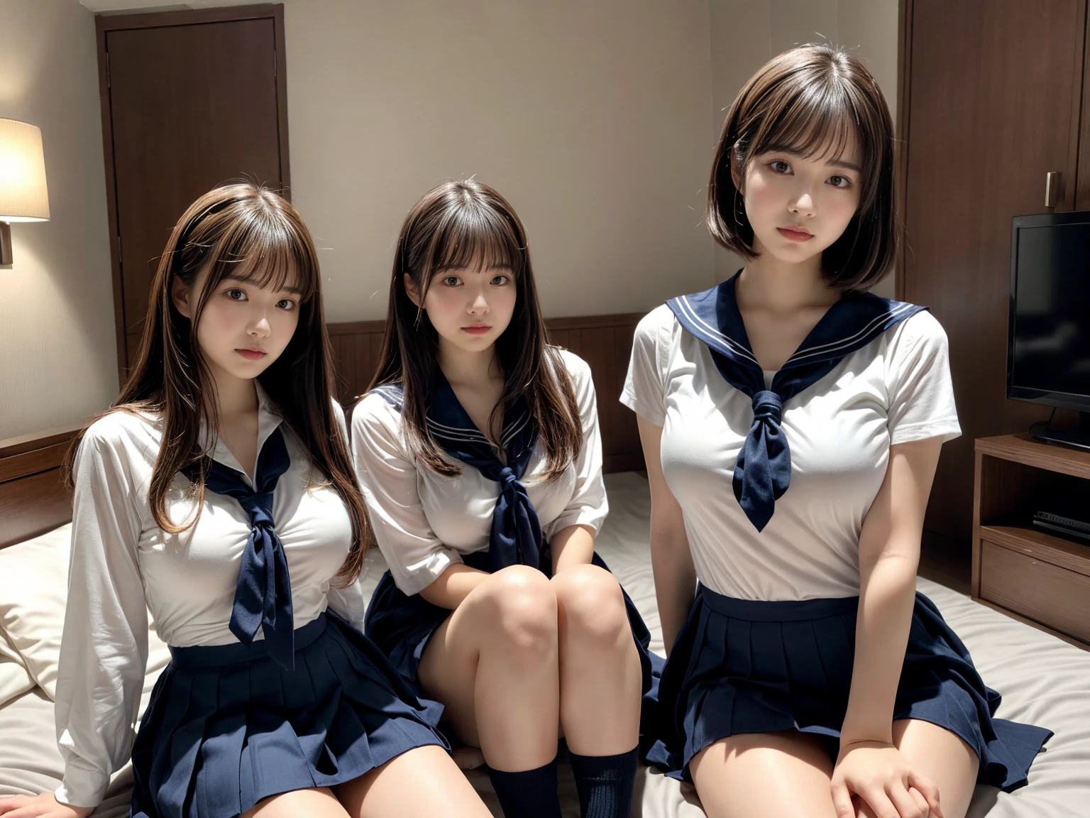 masterpiece, best quality, illustration, Super detailed, fine details, High resolution, 8K,wall paper, perfect dynamic composition,(Details High quality, realistic depiction of eyes:1.3), (3 girls), Black Sailor Uniform, serafuku, Navy pleated skirt, sitting, open legs, short bob hair, in a hotel room in the background, deep on field, large breasts, black hair color, Big Natural Color Lip, (perfect body shape), crying a little、Harajuku style、20 year old girl、cute type、beautiful legs, Gravure Idol