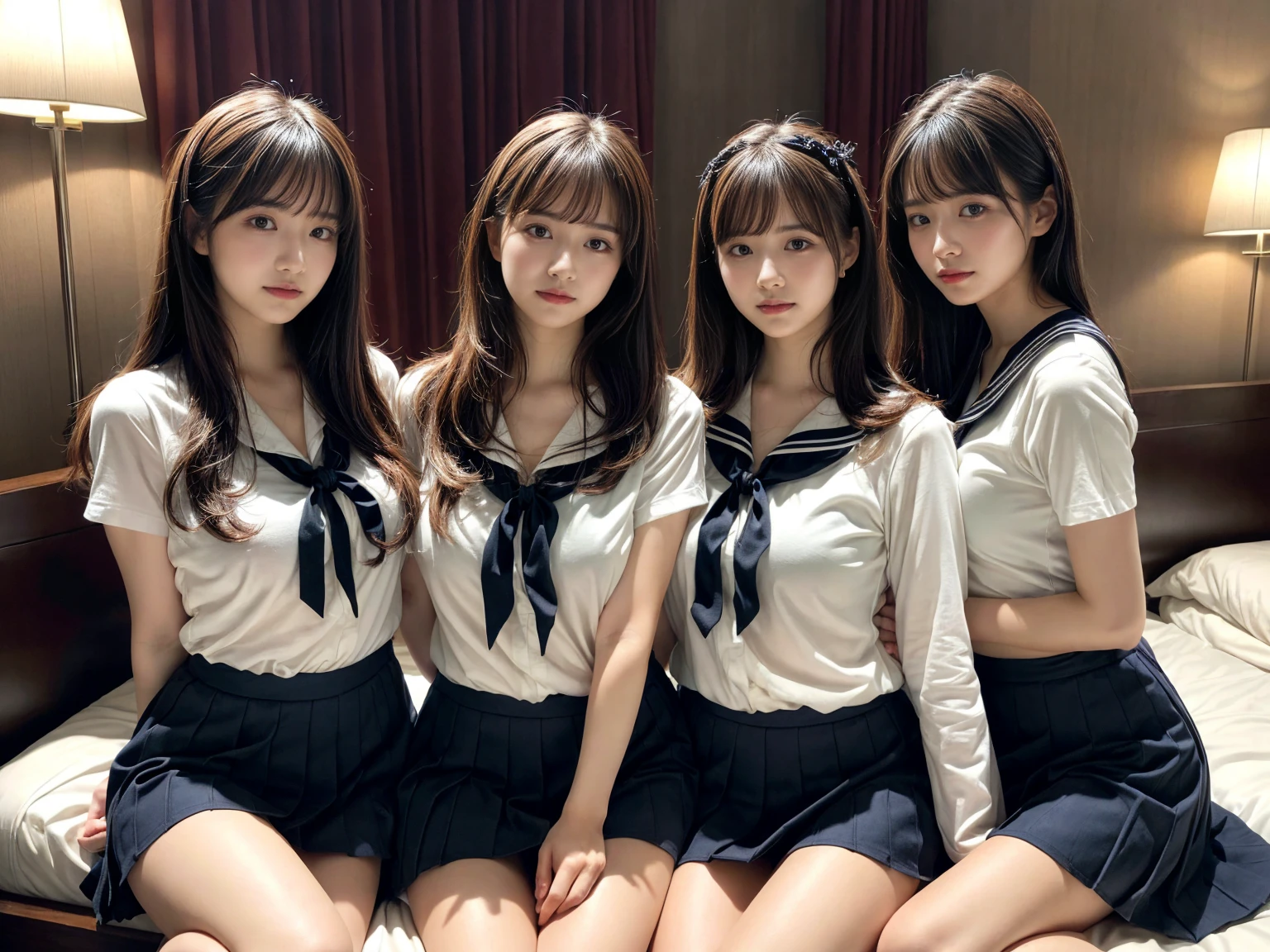 masterpiece, best quality, illustration, Super detailed, fine details, High resolution, 8K,wall paper, perfect dynamic composition,(Details High quality, realistic depiction of eyes:1.3), (3 girls), Black Sailor Uniform, serafuku, Navy pleated skirt, sitting, open legs, short bob hair, in a hotel room in the background, deep on field, large breasts, black hair color, Big Natural Color Lip, (perfect body shape), crying a little、Harajuku style、20 year old girl、cute type、beautiful legs, Gravure Idol