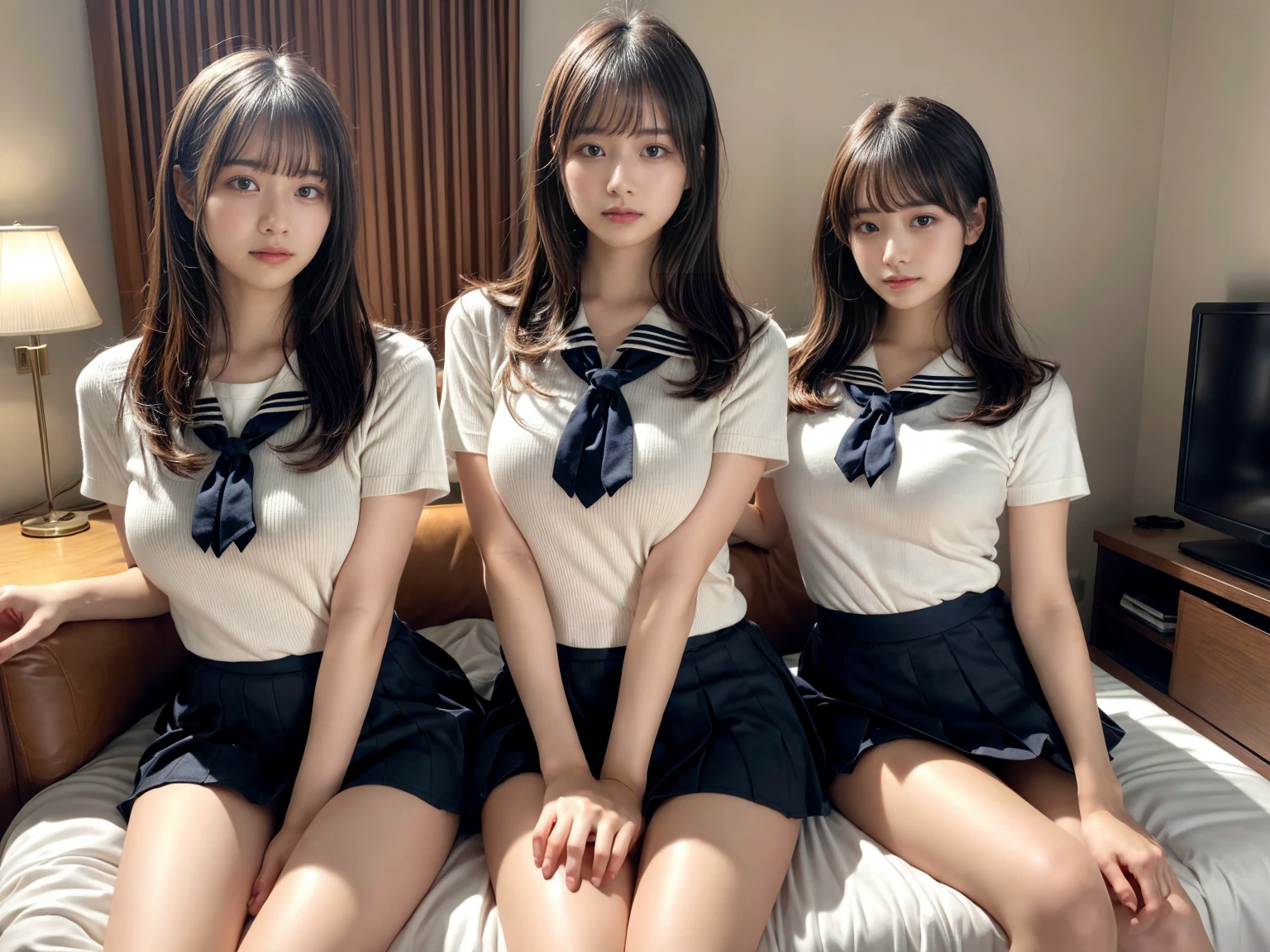 masterpiece, best quality, illustration, Super detailed, fine details, High resolution, 8K,wall paper, perfect dynamic composition,(Details High quality, realistic depiction of eyes:1.3), (3 girls), Black Sailor Uniform, serafuku, Navy pleated skirt, sitting, open legs, short bob hair, in a hotel room in the background, deep on field, large breasts, black hair color, Big Natural Color Lip, (perfect body shape), crying a little、Harajuku style、20 year old girl、cute type、beautiful legs, Gravure Idol